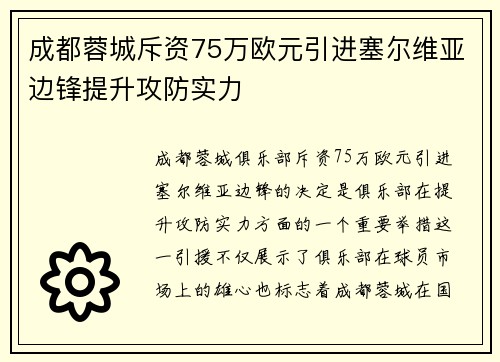 成都蓉城斥资75万欧元引进塞尔维亚边锋提升攻防实力