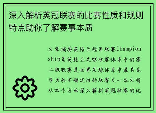深入解析英冠联赛的比赛性质和规则特点助你了解赛事本质